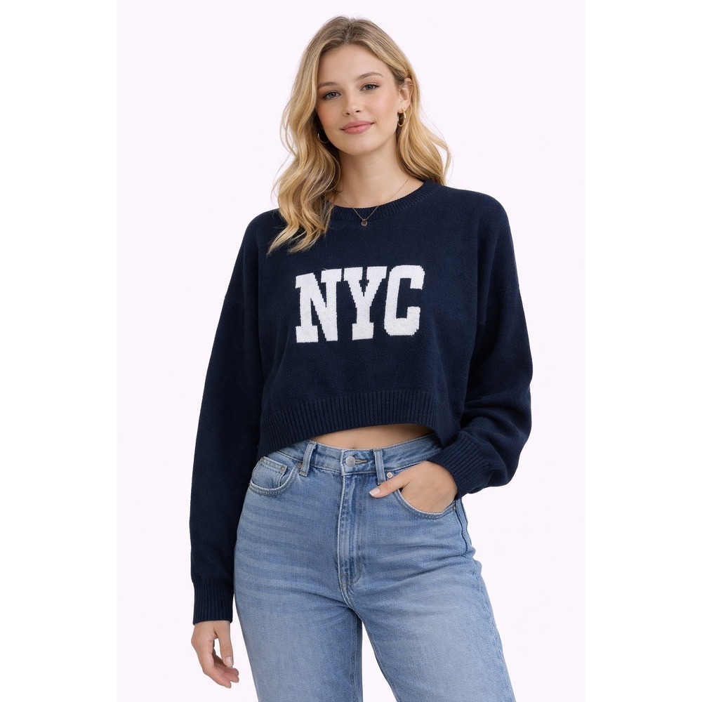No Boundaries Sweater‎ Womens M Blue NYC Graphic Cropped Knit Varsity Pullover